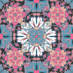 Vector bright pattern. East ornament with colorful blue pink white details on the turquoise background. Template for any surface. Elegant backdrop with oriental ornaments of mandalas.