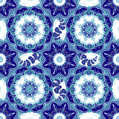 Oriental traditional ornament, Mediterranean seamless pattern, tile design, vector illustration. Vector bright blue pattern.