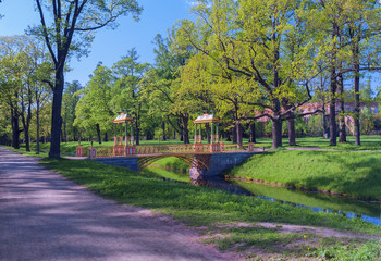 Fototapeta na wymiar Ditch with bridge in the green park of Pushkin