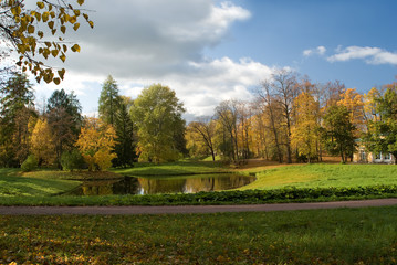 The palace on the shore of the pond in the park of Pushkin