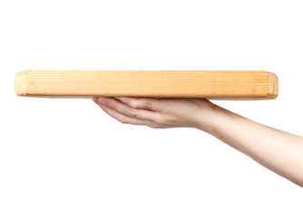 female hand holding a cutting board on a white background