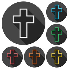 Obraz premium Religious cross, Christian sign icons set with long shadow
