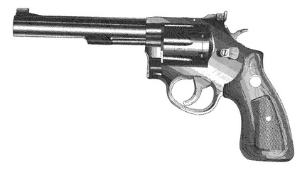 Gun-Revolver Engraved Style is an illustration of a revolver style handgun with wood grip in a vintage engraved style.