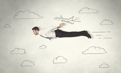 Cheerful business person flying between hand drawn sky clouds