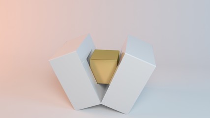 Business concept illustration, a 3d golden cube is born from another bigger cube (reborn)
