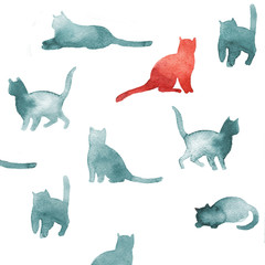 watercolor blue signs cat on a white background