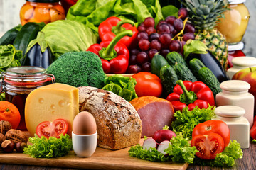 Organic food including vegetables fruit bread dairy and meat