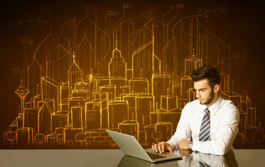 Businessman with buildings and numbers