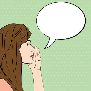 Woman with speech bubble, comics style. Vector