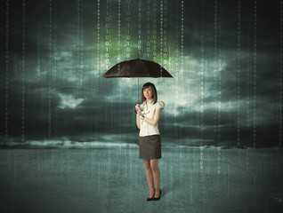 Business woman standing with umbrella data protection concept