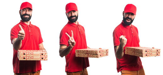 Pizza delivery man  doing victory gesture