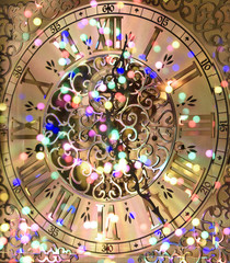 Multicolored Lights Reflecting Off Of A Grandfather Clock Face
