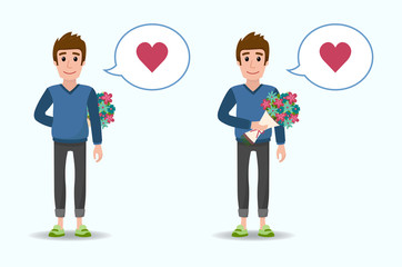 Cool boy with a bouquet of flowers in Valentine's Day