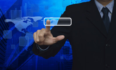Businessman pushing blank button touchscreen over connection map