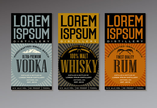 vector label set for vodka, whisky and rum