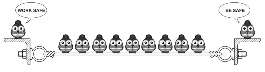 Bird construction workers perched on a steel wire 