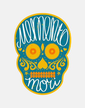 Mexican sugar skull with "memento mori" (latin. Be mindful of de
