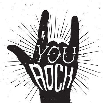Naklejki Distressed black and white poster with rock hand sign with You R