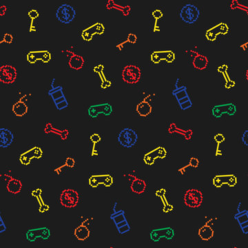 Seamless oldschool gaming inspired pattern, game icons, achievem
