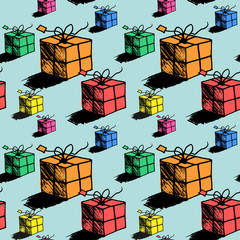 Seamless christmas gift box pattern, doodle style vector
