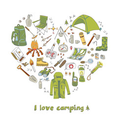 Set of hand drawn camping equipment symbols and icons, hiking, mountain climbing and camping doodle elements, vector illustration, camp clothes, shoes, gear and camp associated things