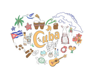 Set of hand drawn Cuba icons, heart shape, Cuban sketch illustration, doodle elements, Isolated national elements made in vector. Travel to Cuba icons for cards and web pages