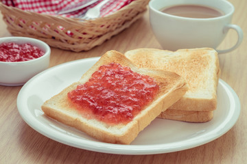 Toast with jam on plate and coffee cup, filtered image