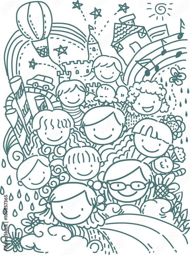 Wall mural stickman school kids happy doodles