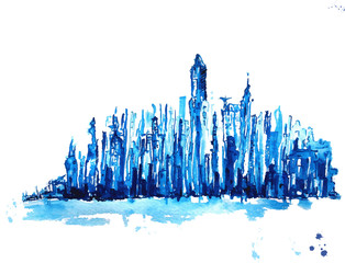The blue silhouette of the city. Abstract city. The watercolor effect. Background and textile city design. 
