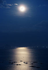 Full moon reflected in water of South China Sea in Vietnam