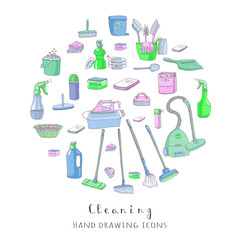 Hand drawn vector cleaning service icons, Cleaning symbols, tools, Detergent, iron, mop, dust pan, brushes, bleach, duster, washing liquid, vacuum cleaner, doodle icons, sketch