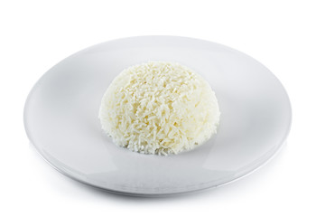 Cooked rice with plate isolated on white background