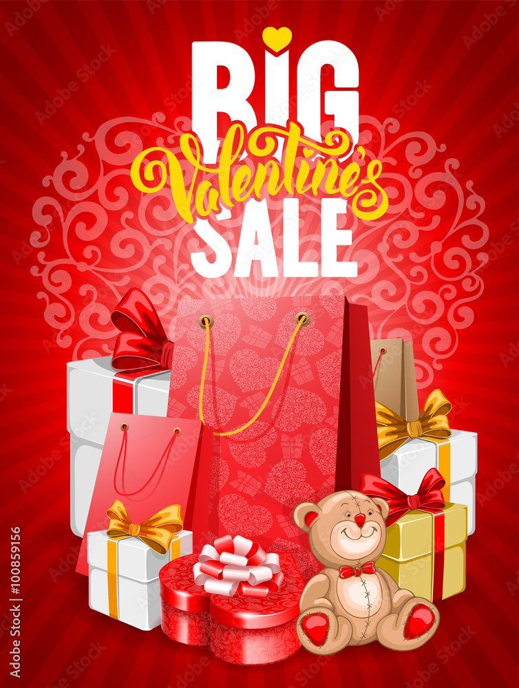 Wall mural Bright advertising poster Big Valentines sale on red background with festive decorated gift boxes and shopping bags. Vector illustration.