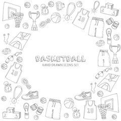 Fototapeta premium Hand drawn doodle basketball set. Vector illustration. Sketchy sport related icons, basketball elements, ball, hoop, net, basket, backboard, number, sport wear, sport shoes, winner cup