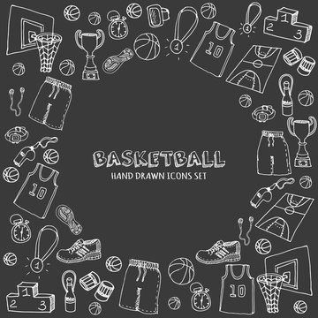 Hand drawn doodle basketball set. Vector illustration. Sketchy sport related icons, basketball elements, ball, hoop, net, basket, backboard, number, sport wear, sport shoes, winner cup