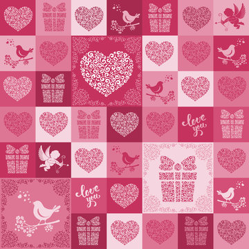 Unusual seamless patchwork pattern from different symbols of Valentines Day in Moroccan tiles style. Design element for Valentines Day and Wedding Day. Vector illustration.