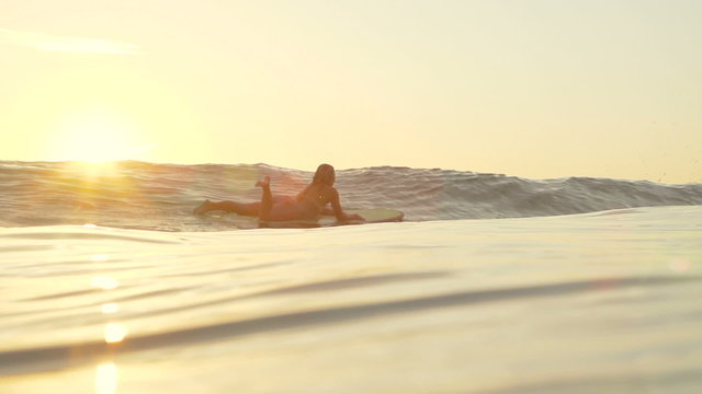 Slow Motion Surfer Girl Paddling At Sunset 