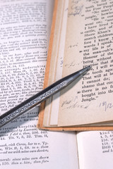 Close up of two old books with vintage shorthand writing as marginal notes and a beautifully engraved old silver clutch pencil.