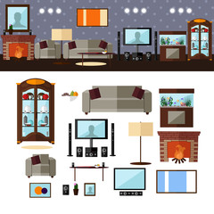 Living room interior with furniture. Vector illustration in flat style. Home related design elements and icons