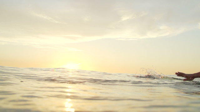 Slow Motion Surfer Girl Paddling At Sunset 