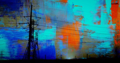 Landscape with power lines abstract