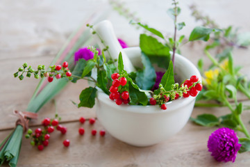 Fresh herbs in the mortar, alternative medicine
