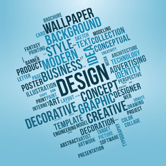 DESIGN word cloud. Dark blue tag cloud. Vector graphics illustration.