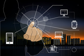 Internet of things represented by consumer and connected devices as vector illustration, 
objects are smart phone, tablet, notebook,  smart home.
