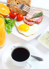 breakfast food morning fried bacon coffee juice

