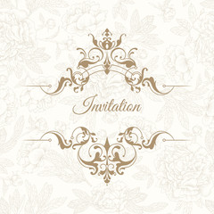 Invitation with classic borders. Seamless pattern of peonies.