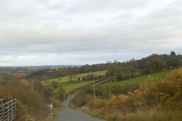 Peaceful Countryside. A narrow country road runs down the valley and up the other side passing through a gentle green rural landscape.