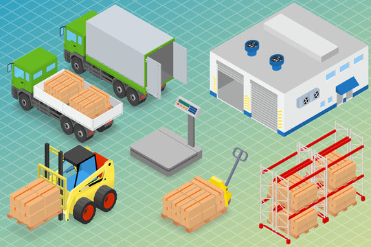 Loading or unloading a truck in the warehouse. Forklifts move the cargo. Warehouse equipment. Isometric vector illustration.