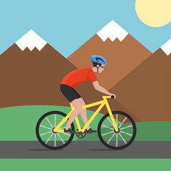 Vector illustration of cyclist on bike on background with mounta