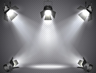 Spotlights with bright lights on transparent background.